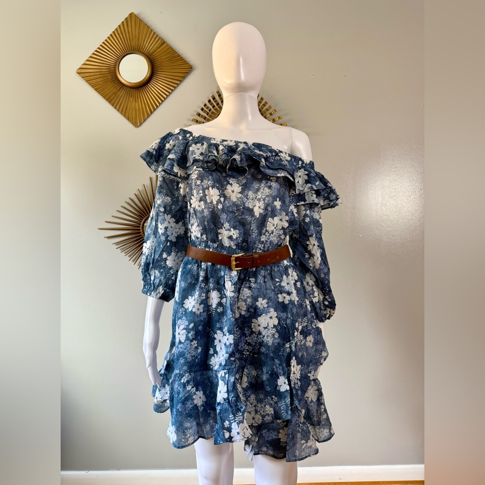 Michael Kors - Off Shoulder Bleached-floral Dress w/ Belt